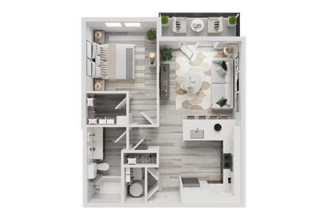 A 3D floor plan of a small apartment with a kitchen, living room, and bathroom.